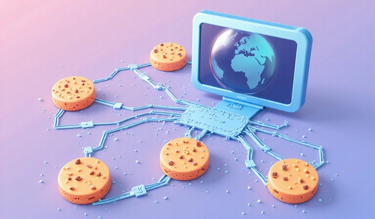Illustration of digital cookies flowing into a web browser