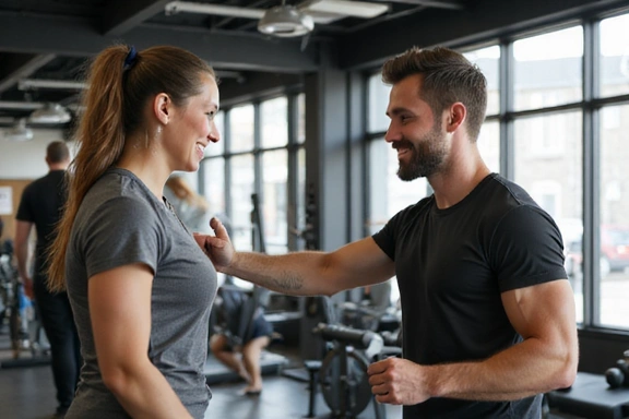 Personal trainer guiding a client through exercises in a gym