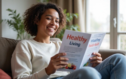 A person happily reading a healthy living guide or enjoying a nutritious snack.